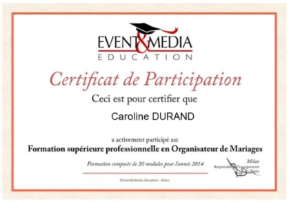 Certificat de participation, Formation Supérieure professionnelle en Organisateur de Mariages - Event & Media Education