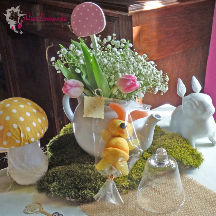 Décoration Alice au Pays des Merveilles Pâques lapins champignons théière mousse toile de jute blog